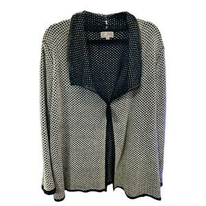 JM Collection Black & White Geometric Jacket w/Black Faux Leather Trim Size L